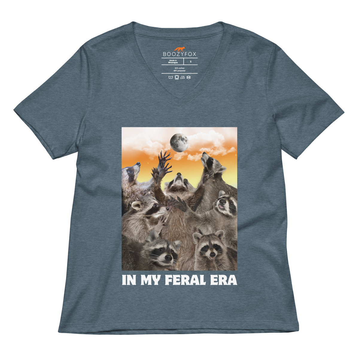 Funny In My Feral Era Raccoon women's graphic v-neck t-shirt in heather slate by Boozy Fox