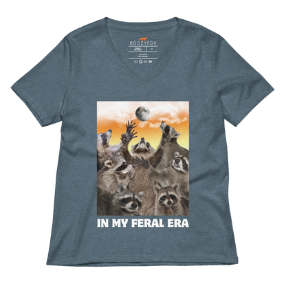 Funny In My Feral Era Raccoon women's graphic v-neck t-shirt in heather slate by Boozy Fox