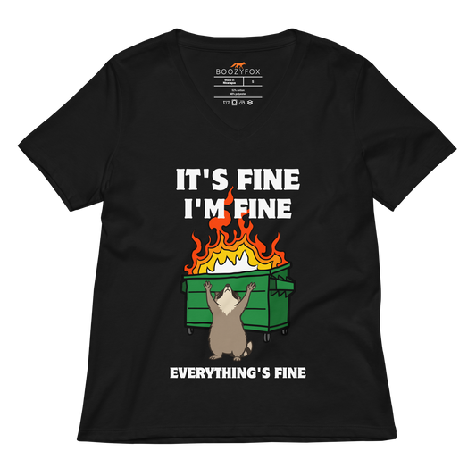 Funny Dumpster Fire Raccoon women's graphic v-neck t-shirt in black by Boozy Fox