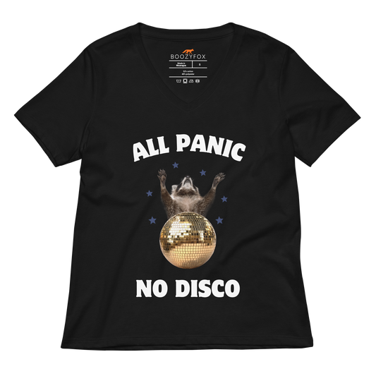 Funny All Panic No Disco Raccoon women's graphic v-neck t-shirt in black by Boozy Fox