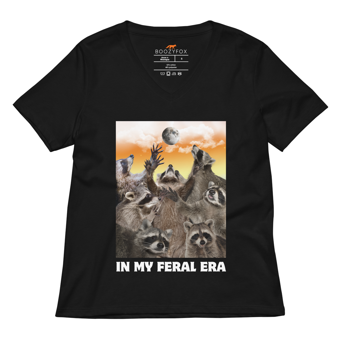 Funny In My Feral Era Raccoon women's graphic v-neck t-shirt in black by Boozy Fox