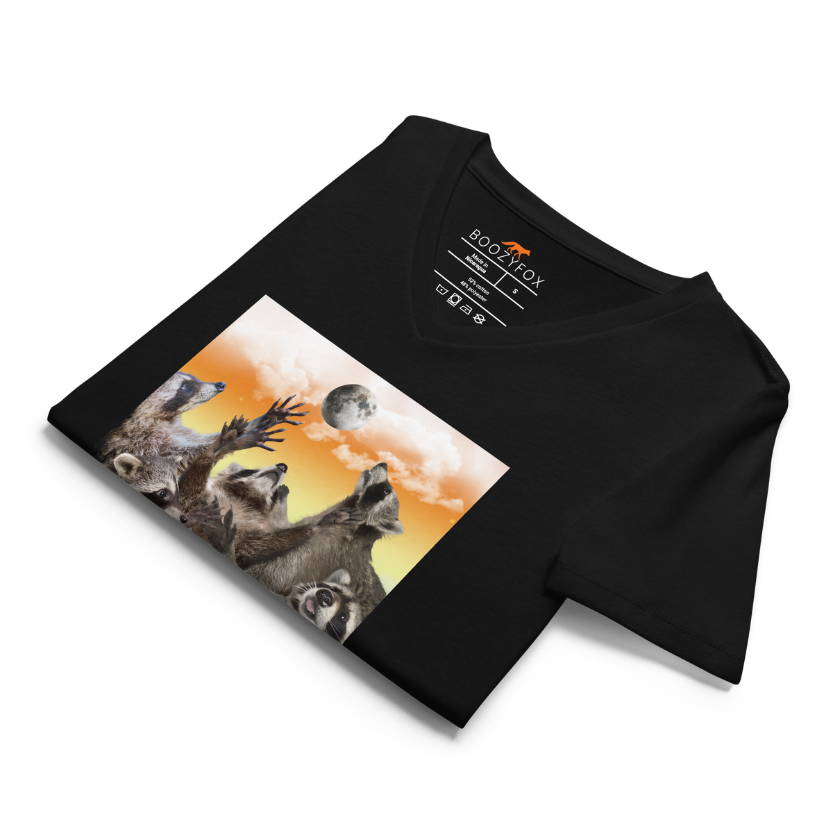 Close-up detail of women's black v-neck t-shirt collar and Boozy Fox neck label