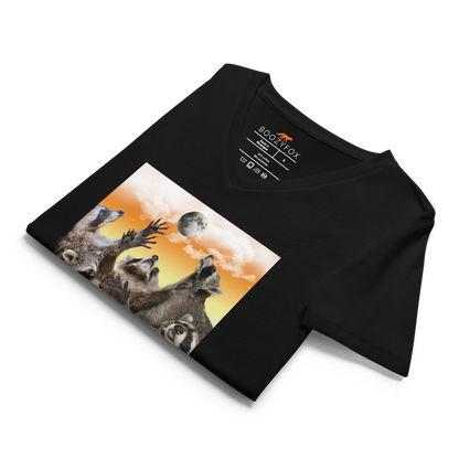 Close-up detail of women's black v-neck t-shirt collar and Boozy Fox neck label