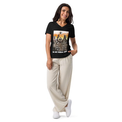Woman wearing a Funny In My Feral Era Raccoon women's graphic v-neck t-shirt in black by Boozy Fox