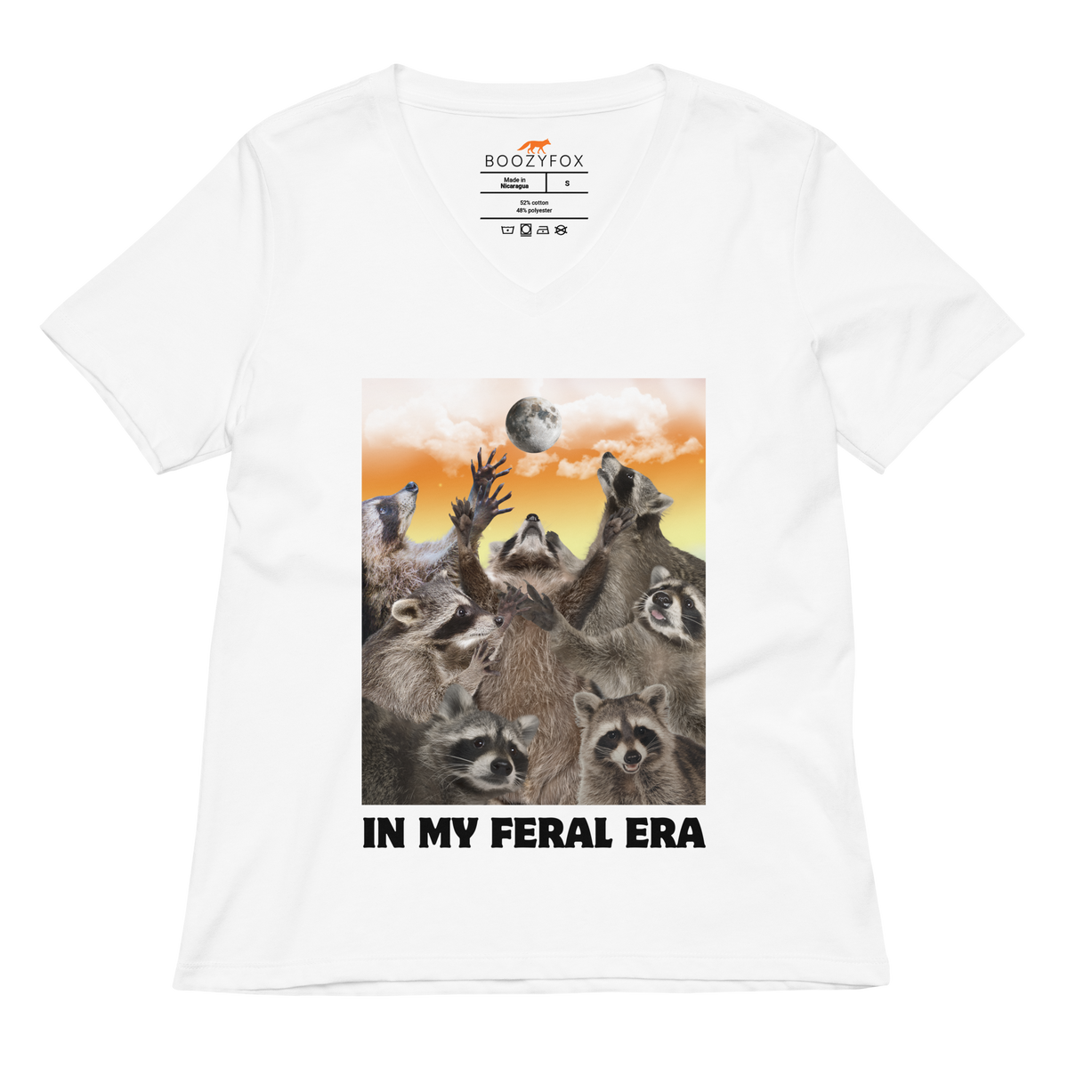 Funny In My Feral Era Raccoon women's graphic v-neck t-shirt in white by Boozy Fox