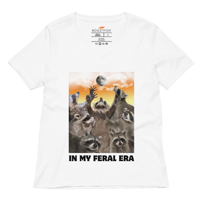 Funny In My Feral Era Raccoon women's graphic v-neck t-shirt in white by Boozy Fox