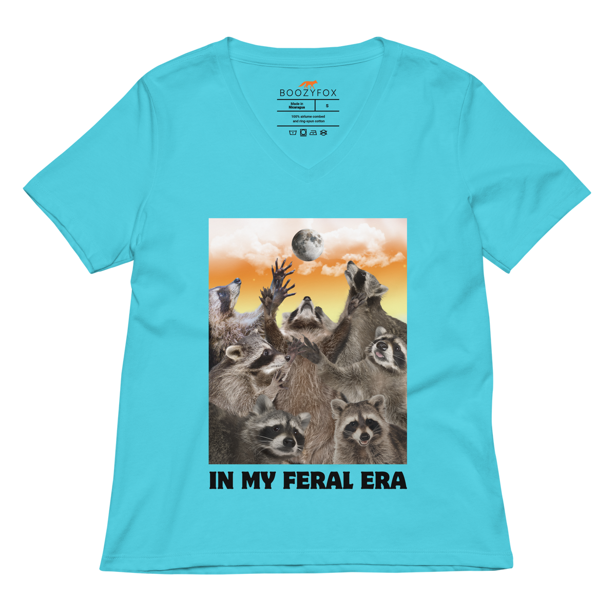 Funny In My Feral Era Raccoon women's graphic v-neck t-shirt in turquoise by Boozy Fox