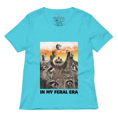 Funny In My Feral Era Raccoon women's graphic v-neck t-shirt in turquoise by Boozy Fox