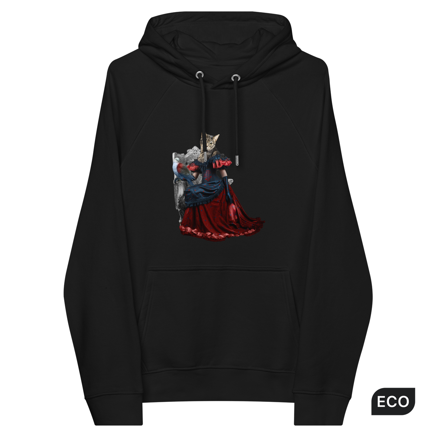 Black Anthropomorphic Cat Raglan Hoodie featuring an adorable Anthropomorphic Cat graphic on the chest - Cute Graphic Cat Hoodies - Boozy Fox