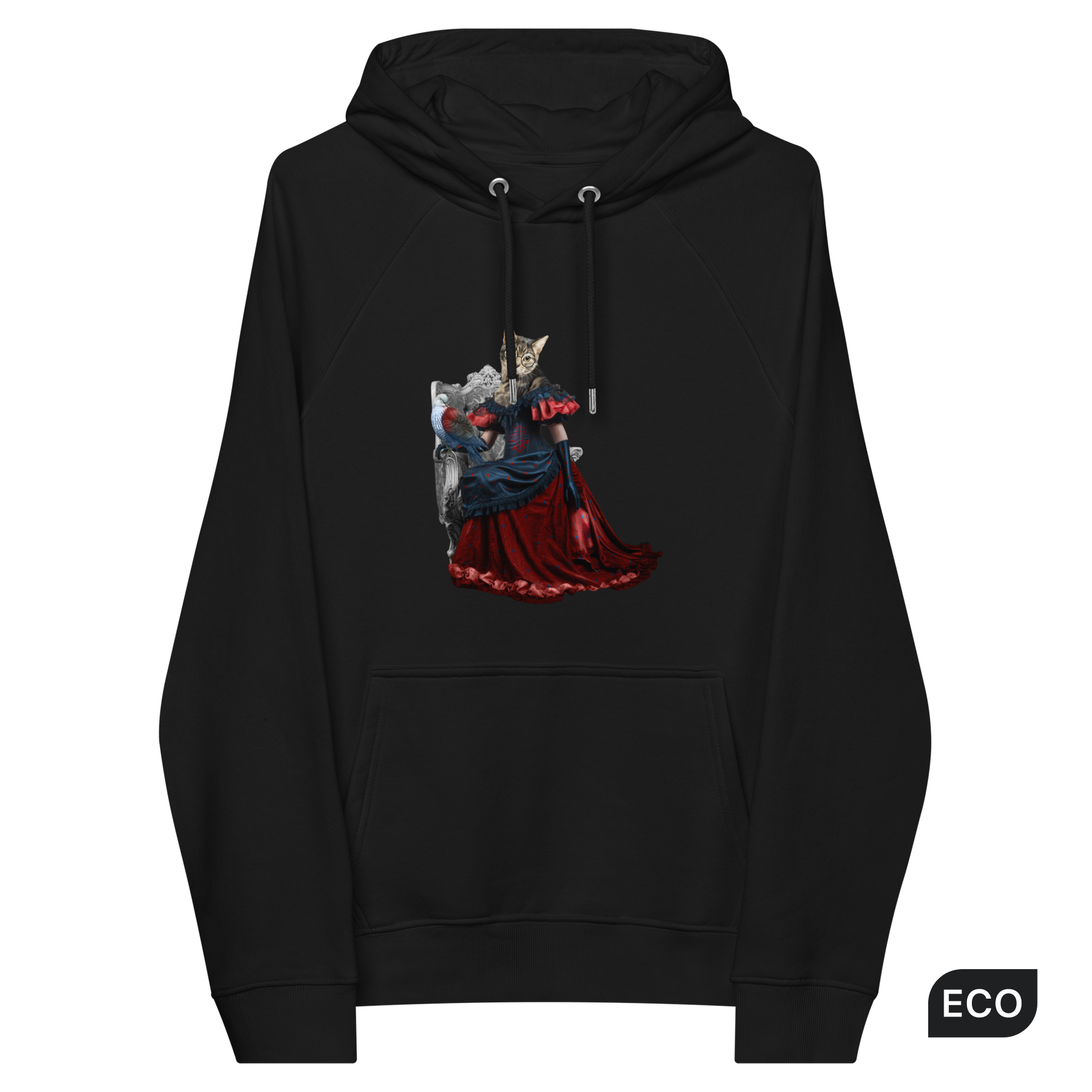 Black Anthropomorphic Cat Raglan Hoodie featuring an adorable Anthropomorphic Cat graphic on the chest - Cute Graphic Cat Hoodies - Boozy Fox
