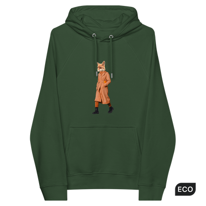 Bottle Green Anthropomorphic Fox Raglan Hoodie featuring a sly Anthropomorphic Fox in a Trench Coat graphic on the chest - Funny Graphic Fox Hoodies - Boozy Fox