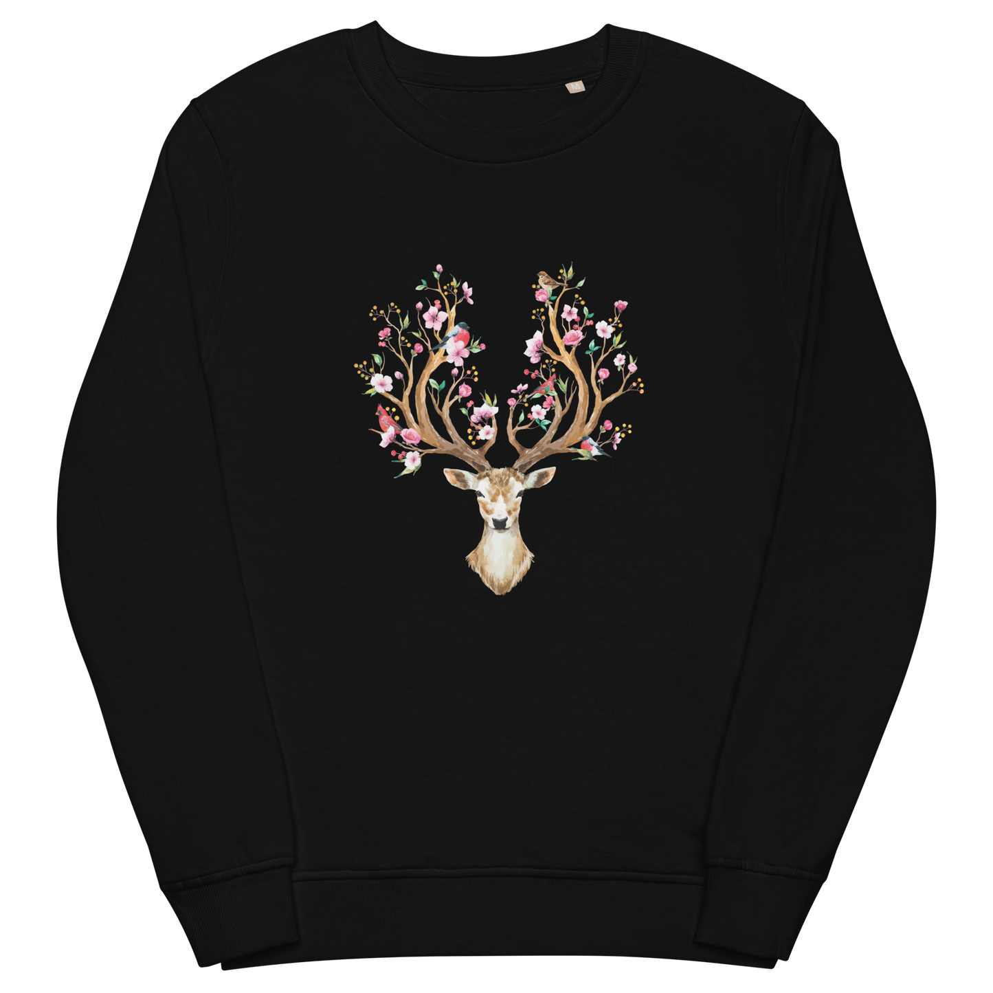 Black Organic Cotton Red Deer Sweatshirt showcasing a captivating Floral Red Deer graphic on the chest - Cute Red Deer Graphic Sweatshirts - Boozy Fox