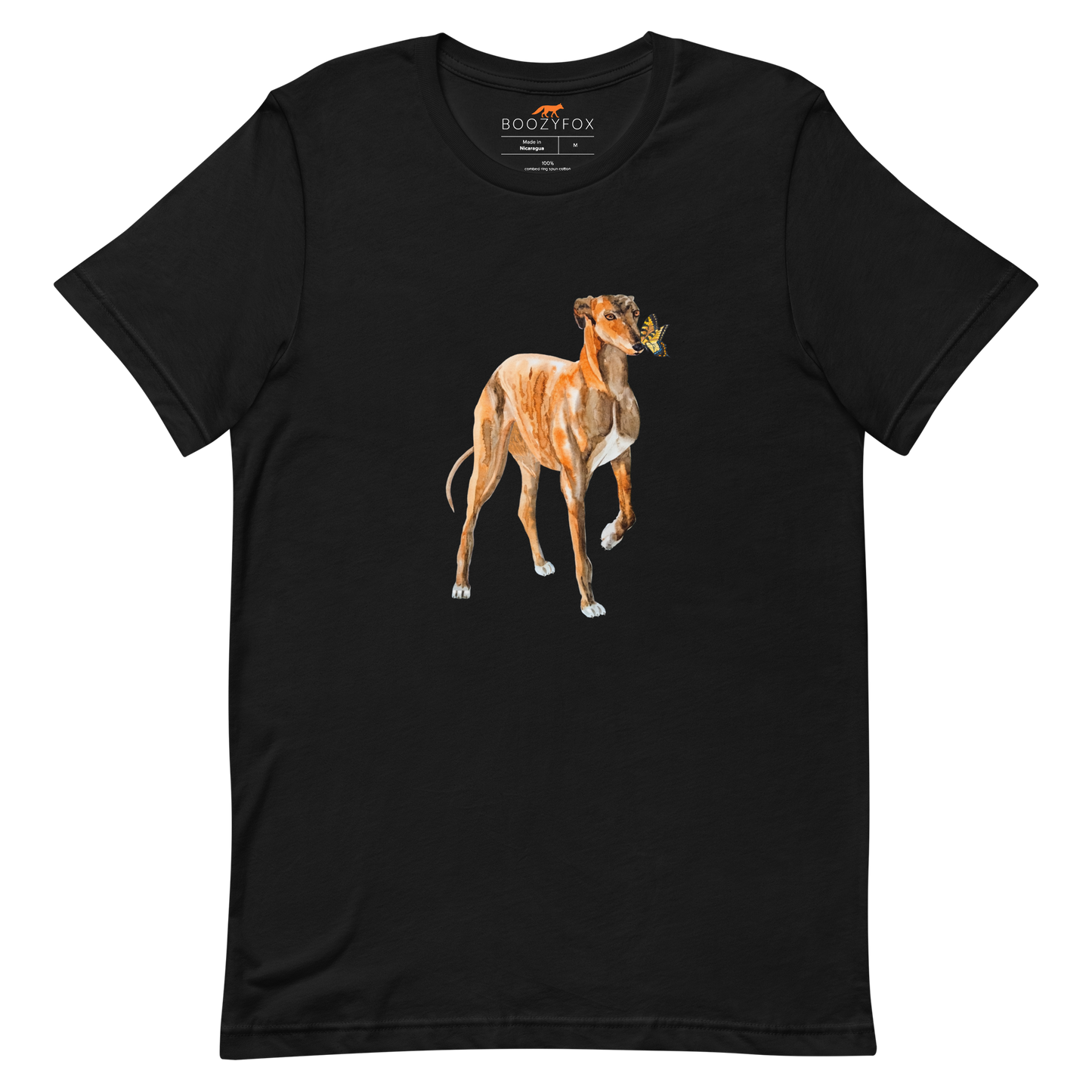 Black Premium Greyhound T-Shirt featuring an adorable Greyhound And Butterfly graphic on the chest - Cute Graphic Greyhound Tees - Boozy Fox