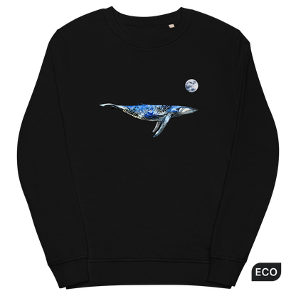 Black Organic Cotton Whale Sweatshirt showcasing a captivating Whale Under The Moon graphic on the chest - Cool Whale Graphic Sweatshirts - Boozy Fox