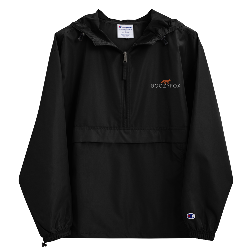 Black Champion Packable Jacket featuring a sleek embroidered Boozy Fox logo on the chest - Waterproof Champion Windbreakers & Raincoats - Boozy Fox