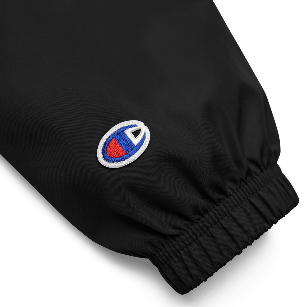 Product Details of a Black Champion Packable Jacket featuring a sleek embroidered Boozy Fox logo on the chest - Waterproof Champion Windbreakers & Raincoats - Boozy Fox