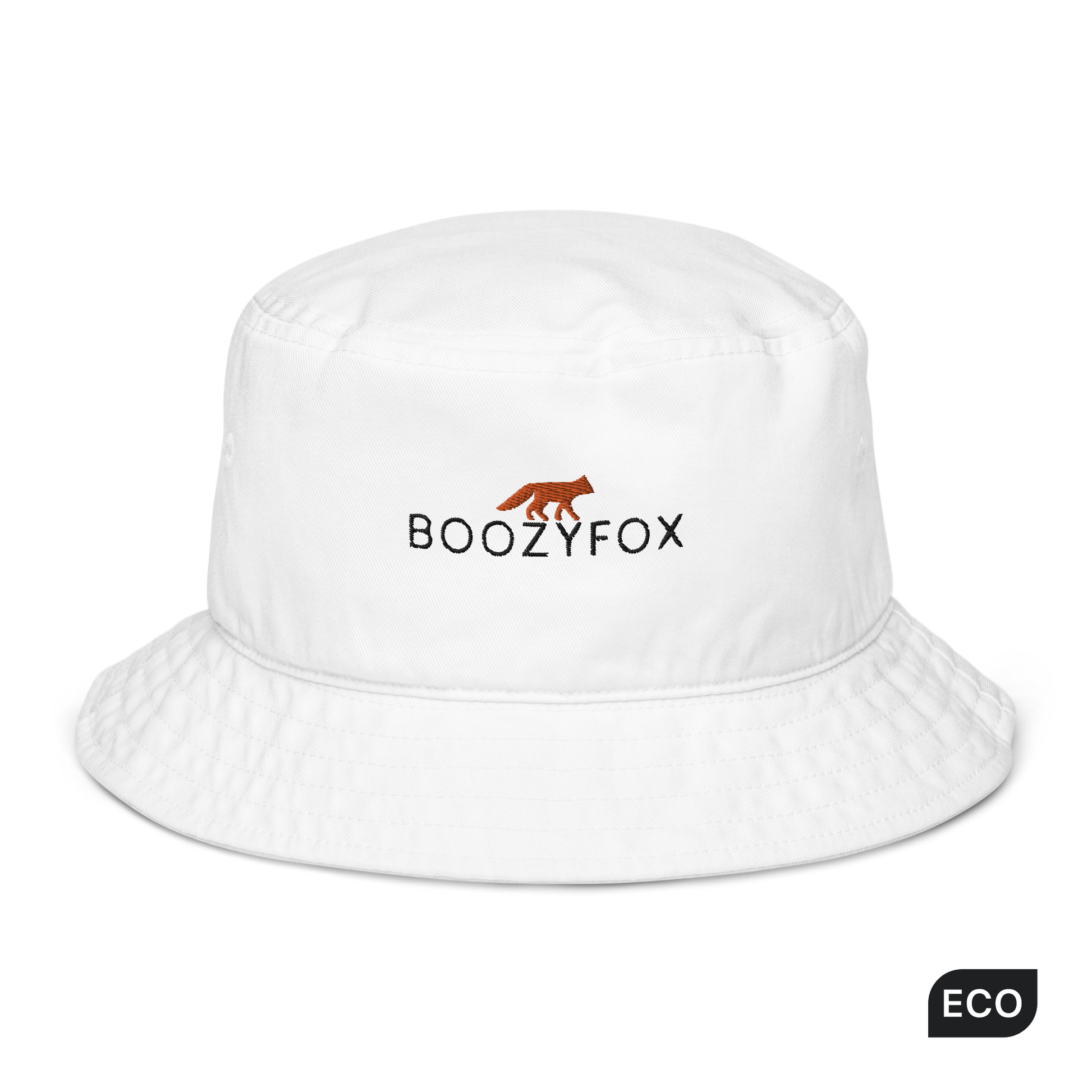 White Organic Bucket Hat featuring a recognizable Boozy Fox embroidery logo on the front - Bucket Hats - Boozy Fox