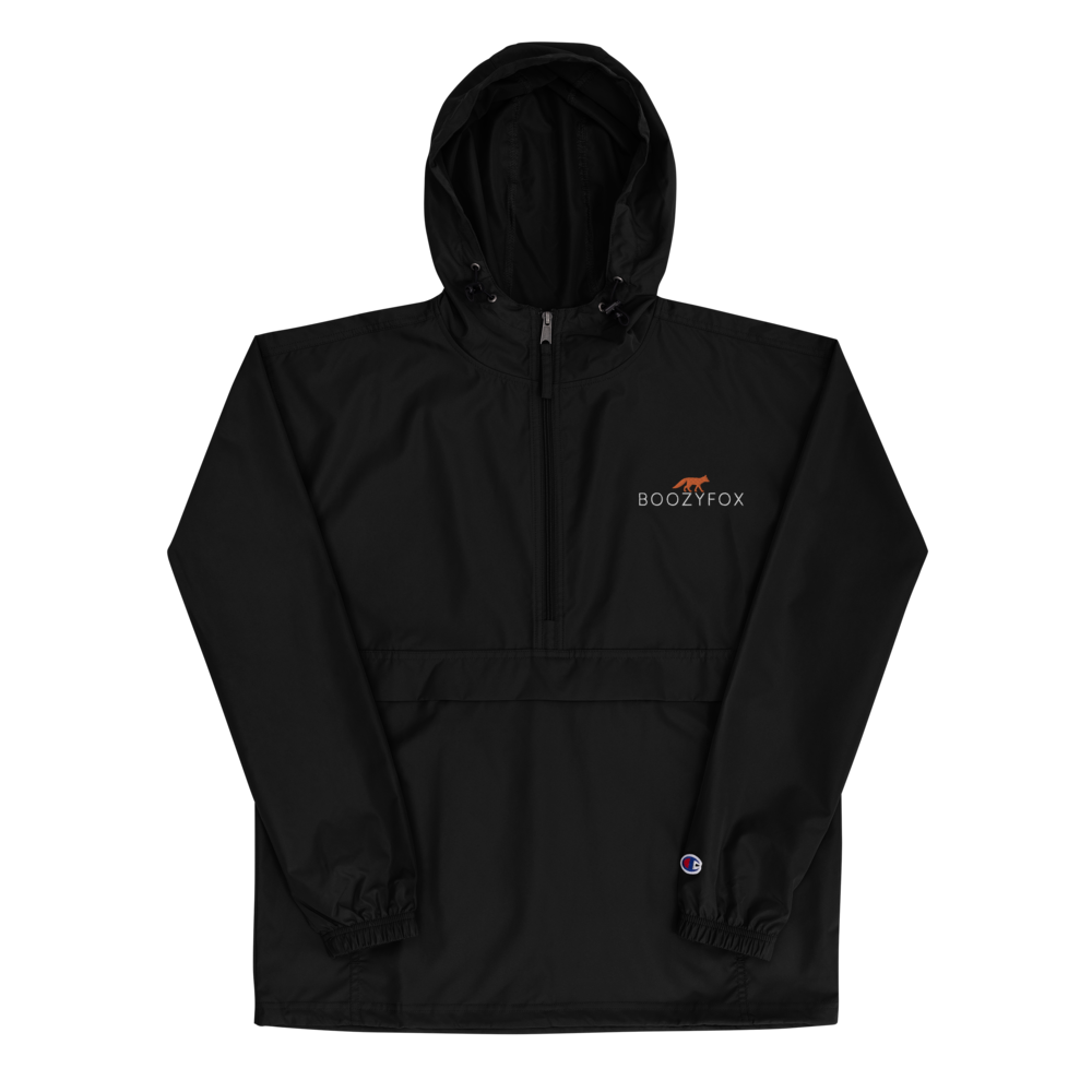 Black Champion Packable Jacket featuring a sleek embroidered Boozy Fox logo on the chest - Waterproof Champion Windbreakers & Raincoats - Boozy Fox
