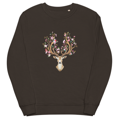 Deep Charcoal Grey Organic Cotton Red Deer Sweatshirt showcasing a captivating Floral Red Deer graphic on the chest - Cute Red Deer Graphic Sweatshirts - Boozy Fox