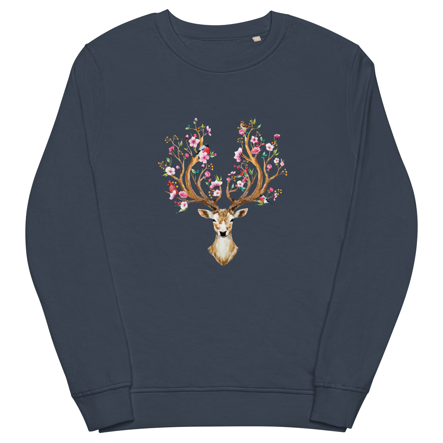 French Navy Organic Cotton Red Deer Sweatshirt showcasing a captivating Floral Red Deer graphic on the chest - Cute Red Deer Graphic Sweatshirts - Boozy Fox