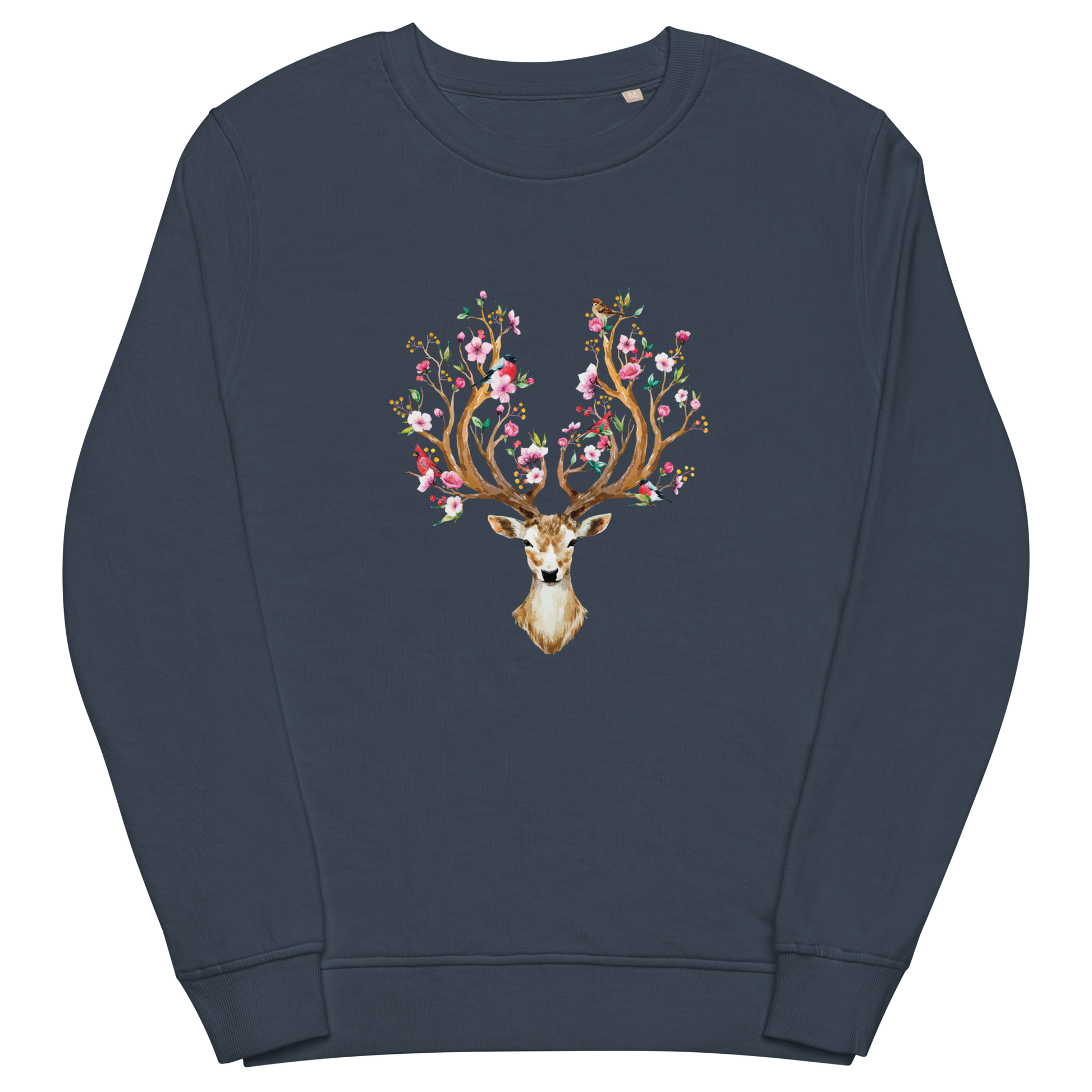 French Navy Organic Cotton Red Deer Sweatshirt showcasing a captivating Floral Red Deer graphic on the chest - Cute Red Deer Graphic Sweatshirts - Boozy Fox