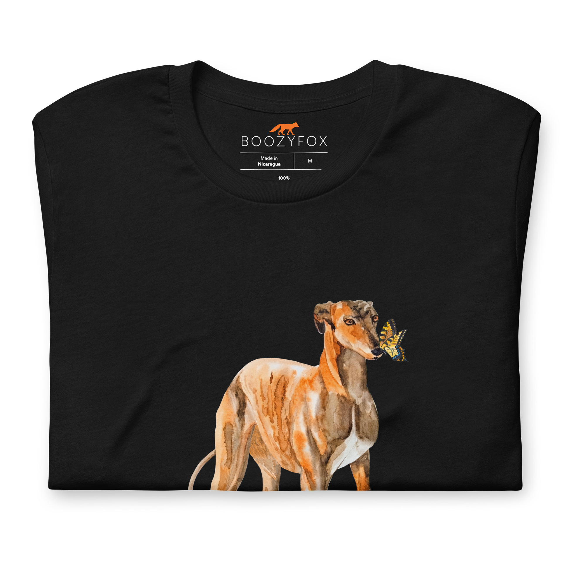 Front Details of a Black Premium Greyhound T-Shirt featuring an adorable Greyhound And Butterfly graphic on the chest - Cute Graphic Greyhound Tees - Boozy Fox