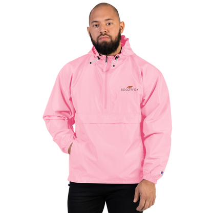 Man Wearing a Pink Champion Packable Jacket featuring a sleek embroidered Boozy Fox logo on the chest - Waterproof Champion Windbreakers & Raincoats - Boozy Fox