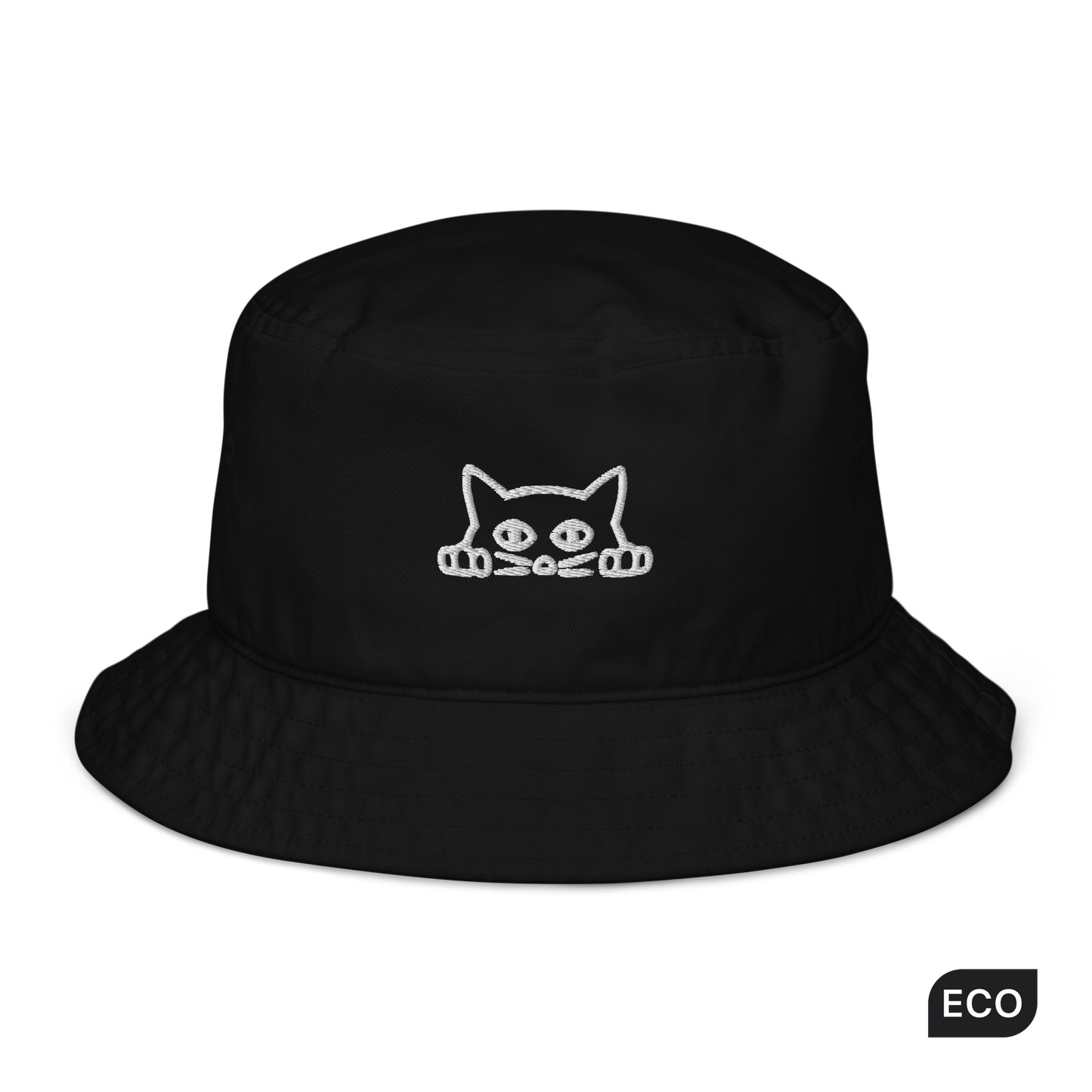 Black Organic Bucket Hat featuring a funny Peeking Cat embroidery on the front - Bucket Hats - Boozy Fox