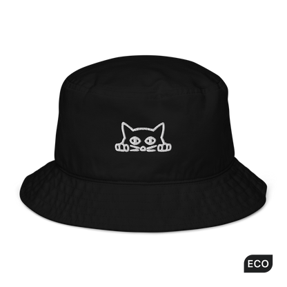 Black Organic Bucket Hat featuring a funny Peeking Cat embroidery on the front - Bucket Hats - Boozy Fox