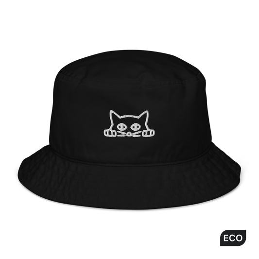 Black Organic Bucket Hat featuring a funny Peeking Cat embroidery on the front - Bucket Hats - Boozy Fox