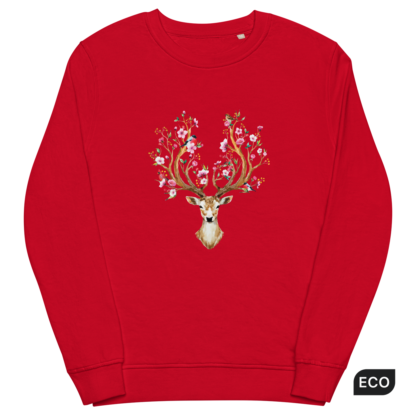Red Organic Cotton Red Deer Sweatshirt showcasing a captivating Floral Red Deer graphic on the chest - Cute Red Deer Graphic Sweatshirts - Boozy Fox