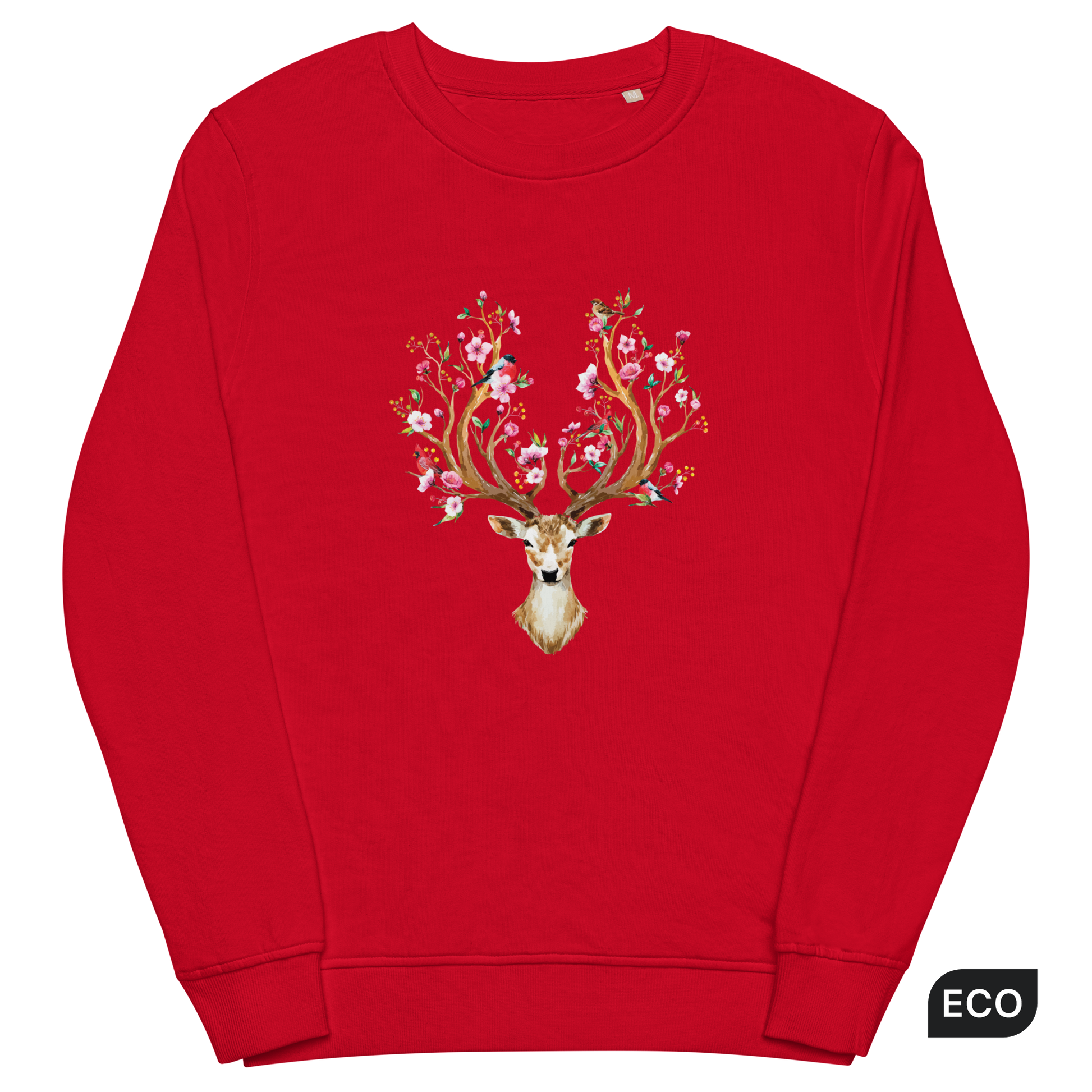 Red Organic Cotton Red Deer Sweatshirt showcasing a captivating Floral Red Deer graphic on the chest - Cute Red Deer Graphic Sweatshirts - Boozy Fox