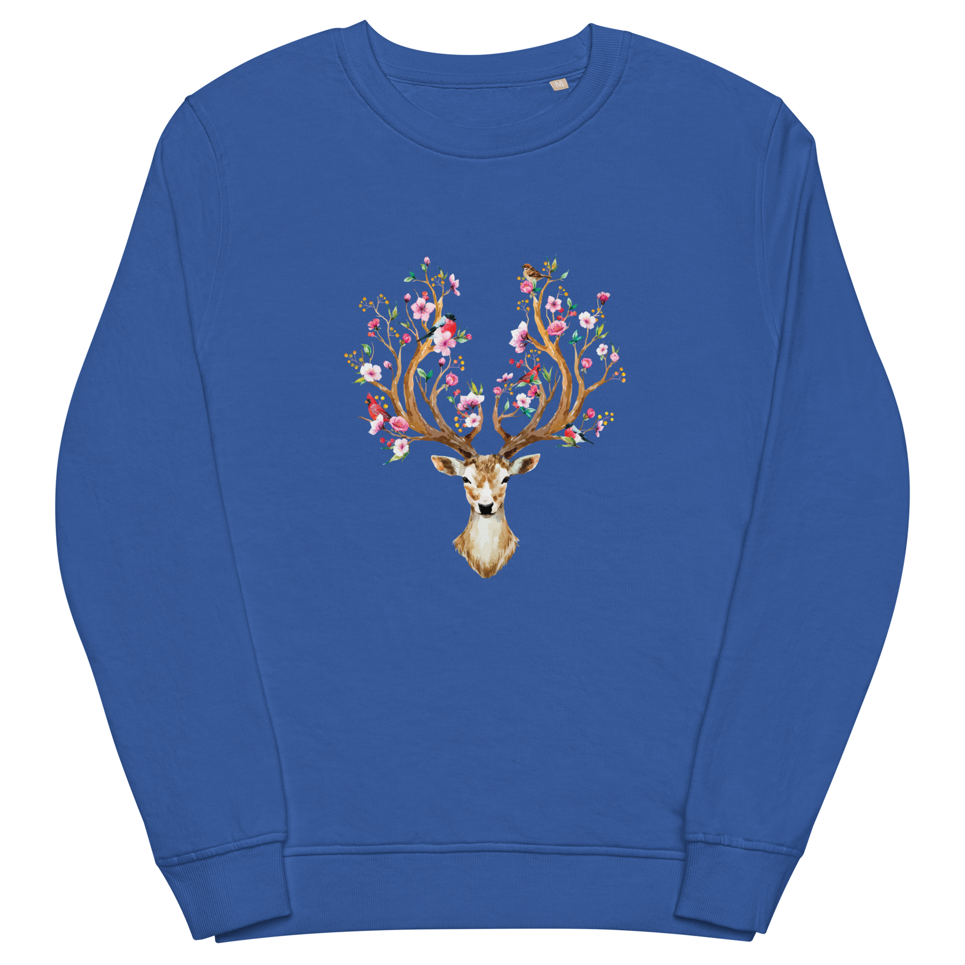 Royal Blue Organic Cotton Red Deer Sweatshirt showcasing a captivating Floral Red Deer graphic on the chest - Cute Red Deer Graphic Sweatshirts - Boozy Fox