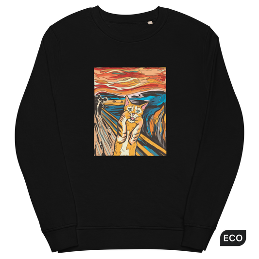 Black Organic Cotton Screaming Cat Sweatshirt featuring an Edvard Munch's 'The Scream' graphic on the chest - Funny Cat Graphic Sweatshirts - Boozy Fox