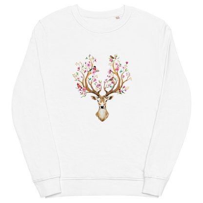 White Organic Cotton Red Deer Sweatshirt showcasing a captivating Floral Red Deer graphic on the chest - Cute Red Deer Graphic Sweatshirts - Boozy Fox