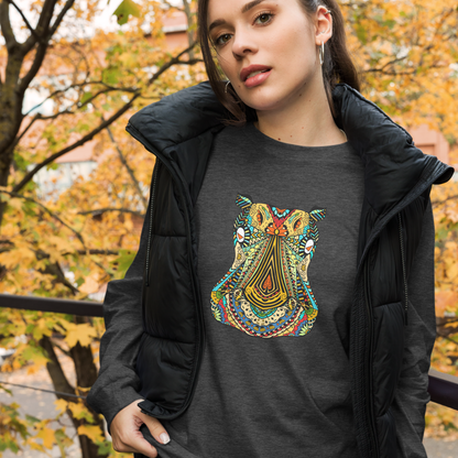 Woman Wearing a Dark Grey Heather Zentangle Hippo Long Sleeve Tee - Boozy Fox