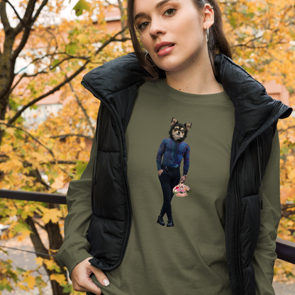 Woman Wearing a Military Green Anthropomorphic Dog Long Sleeve Tee - Boozy Fox