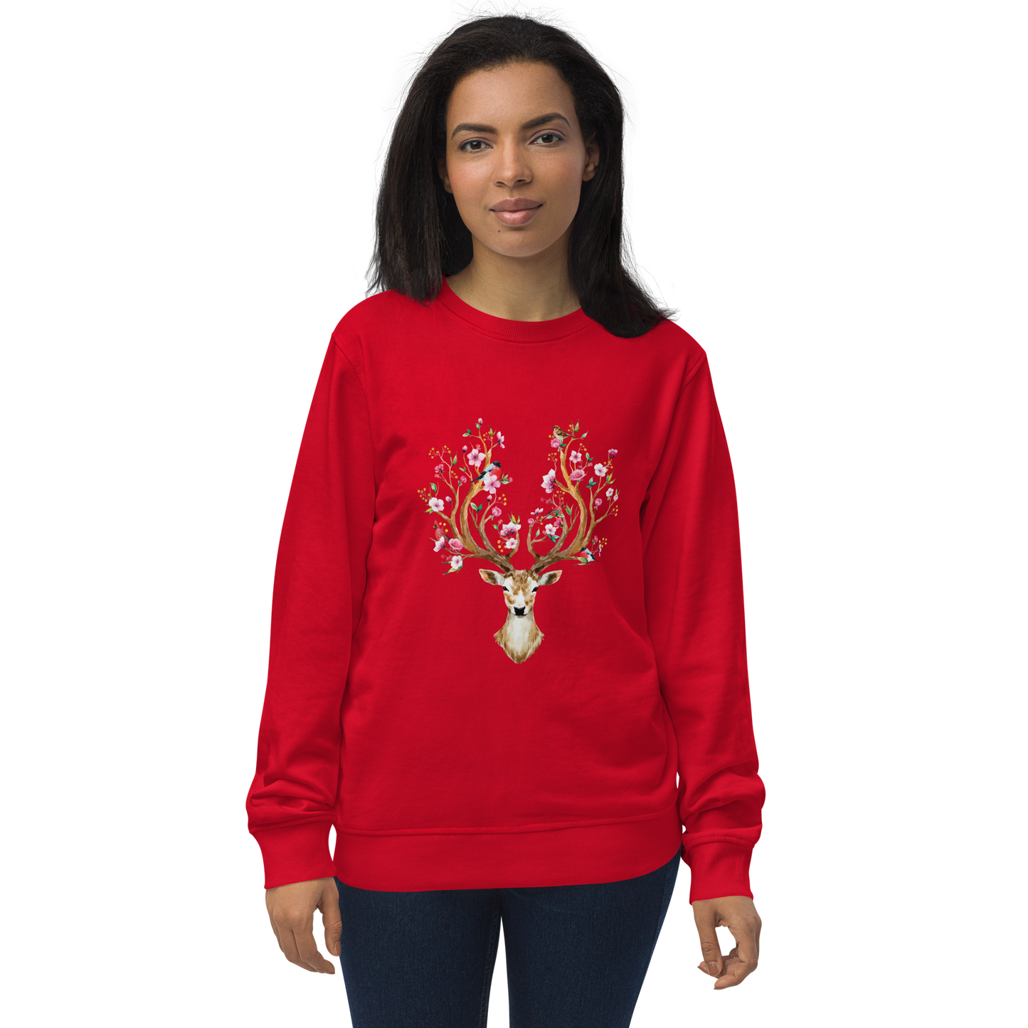 Woman Wearing a Red Organic Cotton Red Deer Sweatshirt showcasing a captivating Floral Red Deer graphic on the chest - Cute Red Deer Graphic Sweatshirts - Boozy Fox