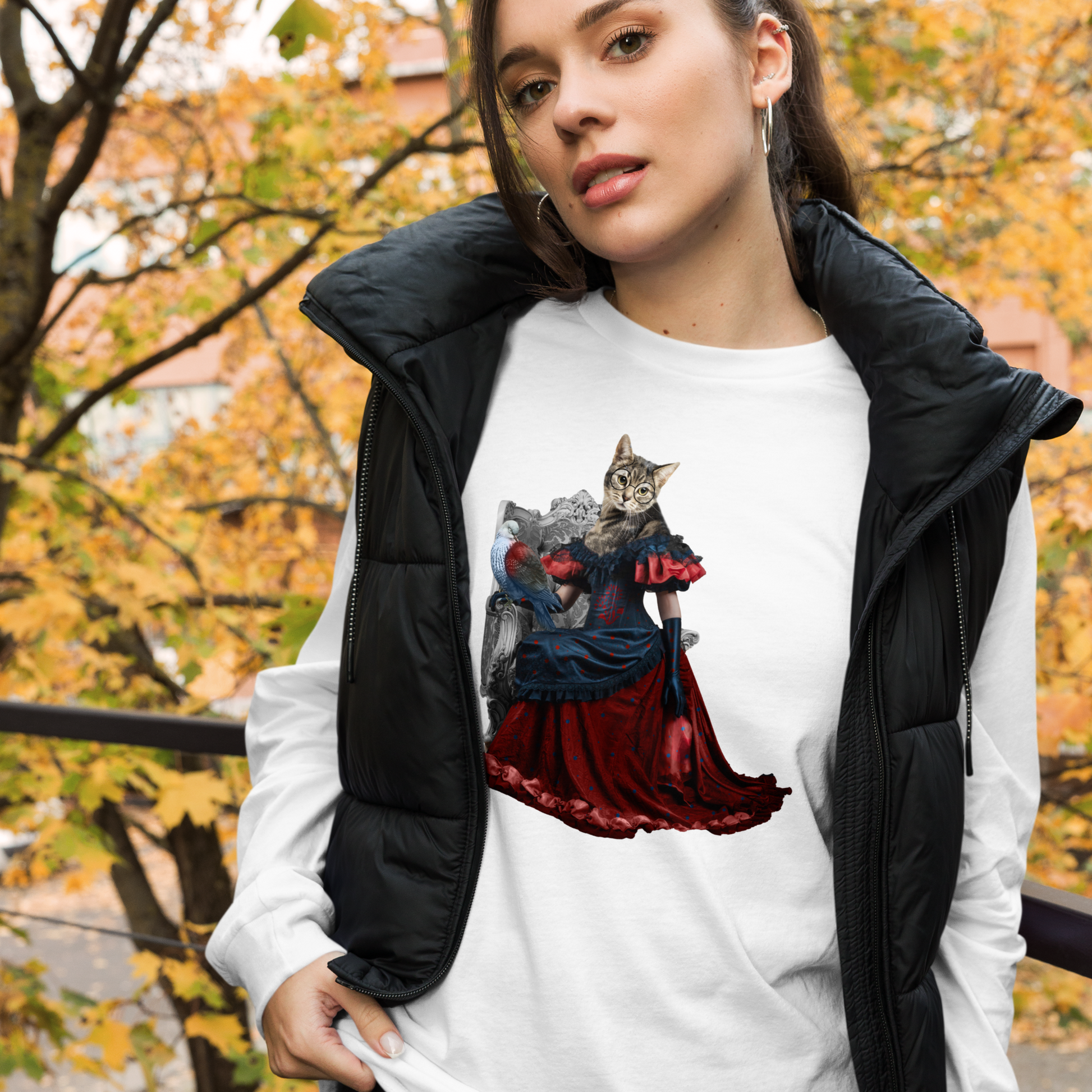 Woman Wearing a White Cat Long Sleeve Tee featuring an Anthropomorphic Cat graphic on the chest - Funny Cat Long Sleeve Graphic Tees - Boozy Fox