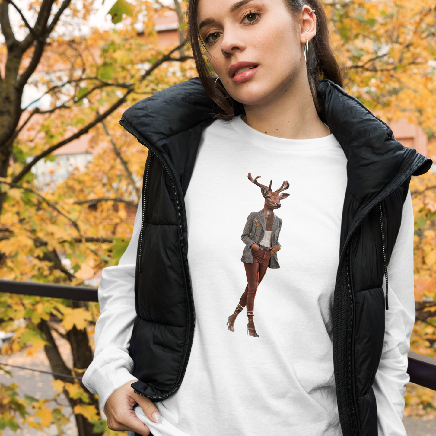 Woman Wearing a White Anthropomorphic Deer Long Sleeve Tee - Boozy Fox