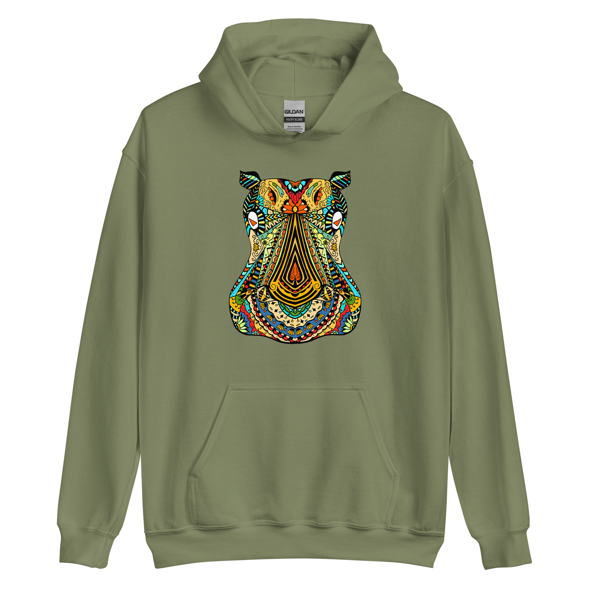 Military Green Hippo Hoodie featuring a captivating Zentangle Hippo graphic on the chest - Cool Graphic Hippo Hoodies - Boozy Fox