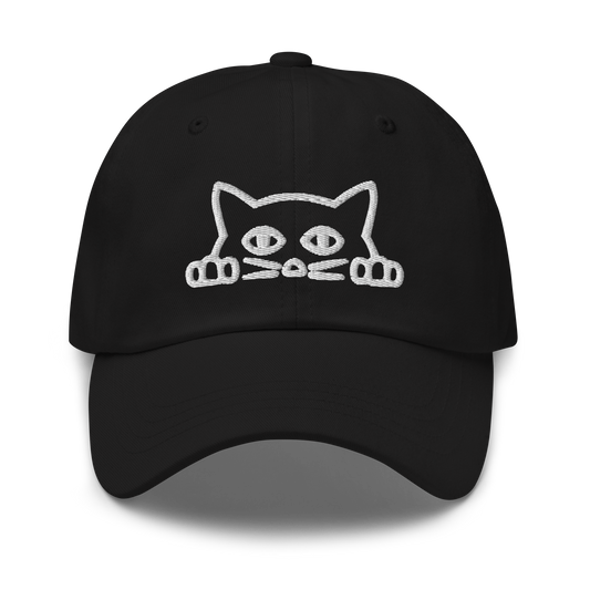 Black Cat Dad Hat adorned with a playful Peeking Cat embroidery. Shop Best Dad Hats Online - Boozy Fox