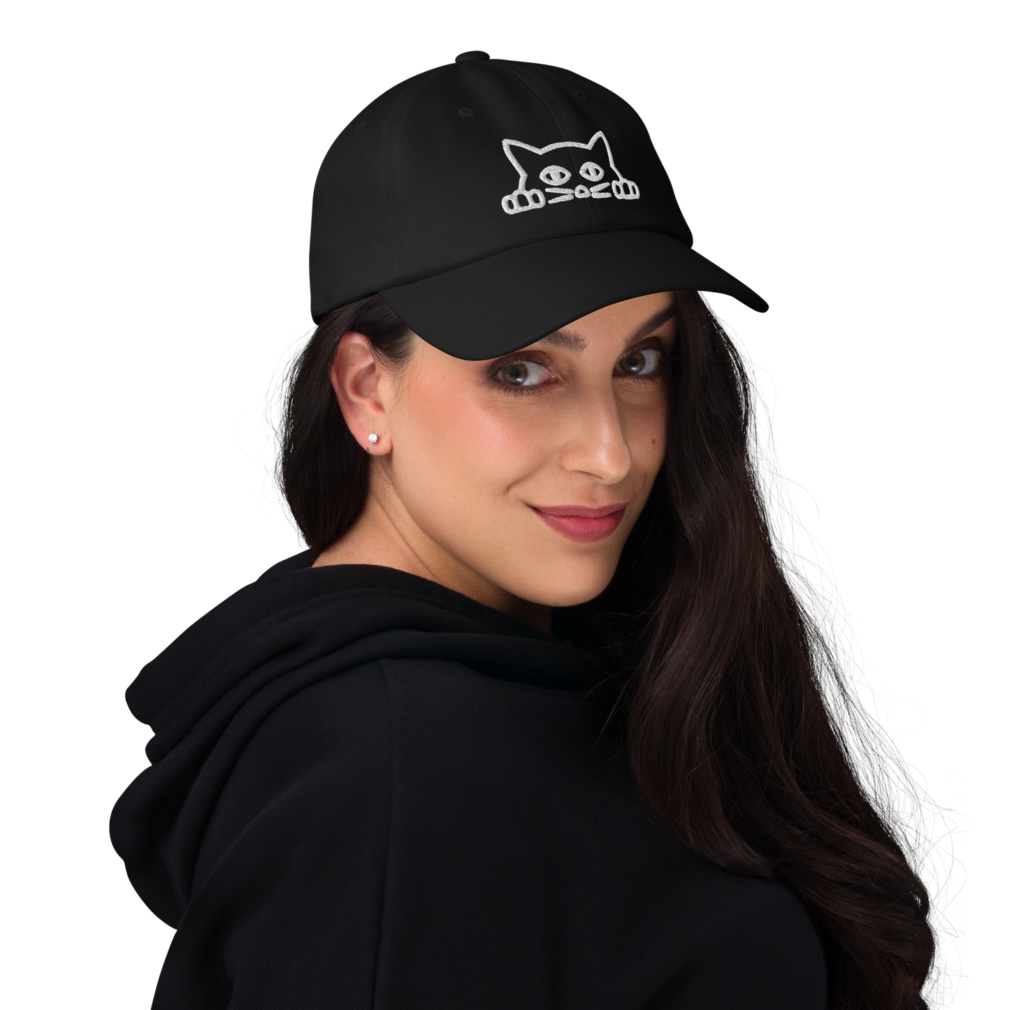 Smiling Woman Wearing a Black Cat Dad Hat adorned with a playful Peeking Cat embroidery. Shop Best Dad Hats Online - Boozy Fox