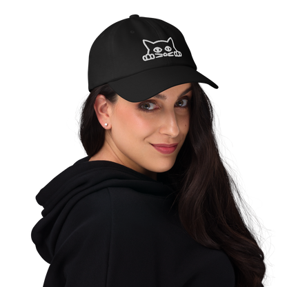 Smiling Woman Wearing a Black Cat Dad Hat adorned with a playful Peeking Cat embroidery. Shop Best Dad Hats Online - Boozy Fox