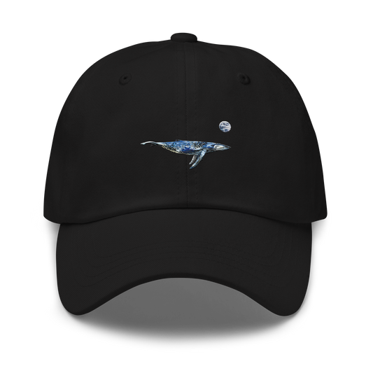 Cool black whale dad hat featuring a majestic Whale Under The Moon embroidery on Front. Shop Cool Dad Hats Online - Boozy Fox