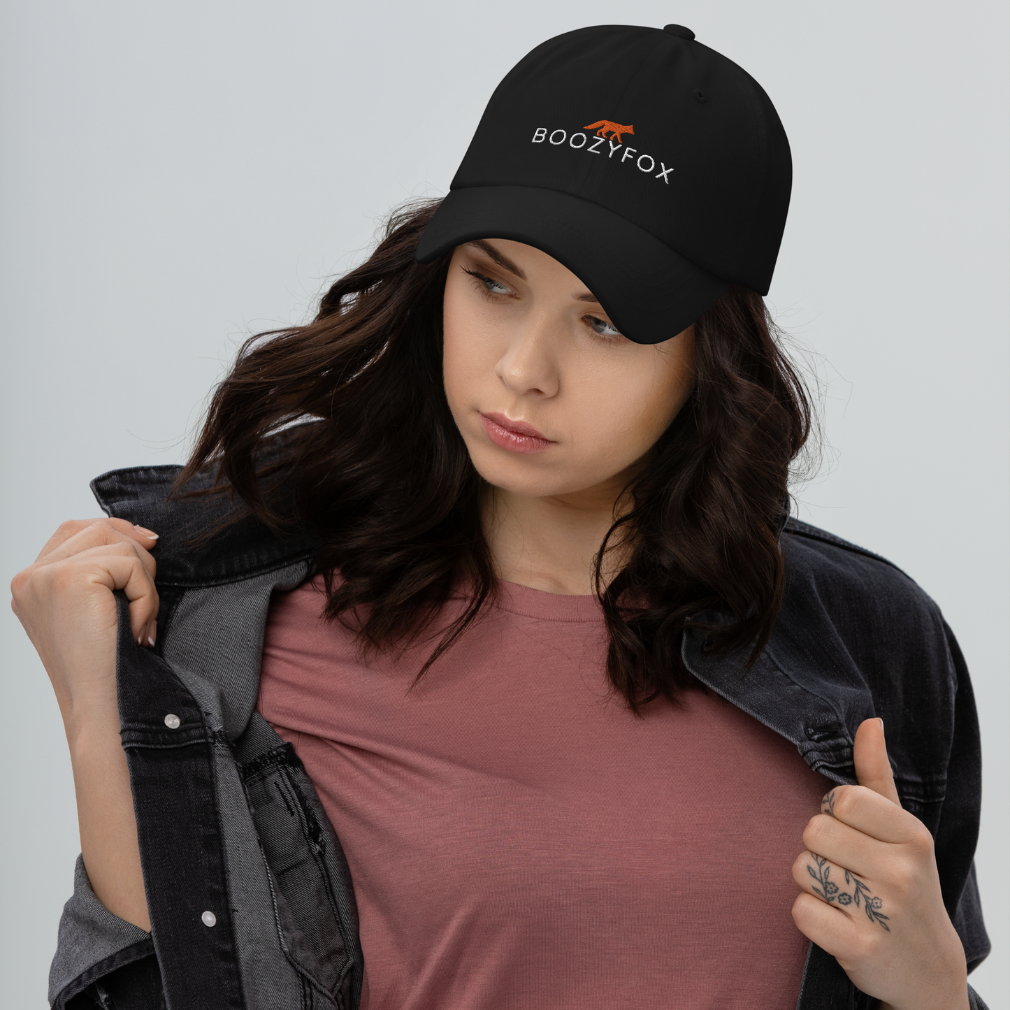 Woman Wearing a Black Dad Hat - Boozy Fox