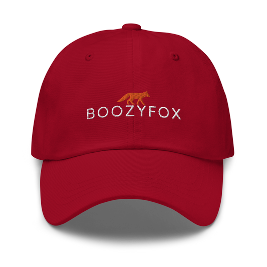 Cool Cranberry Red Dad Hat featuring an embroidered Boozy Fox logo on front. Shop Cool Dad Hats & Dad Caps Online - Boozy Fox