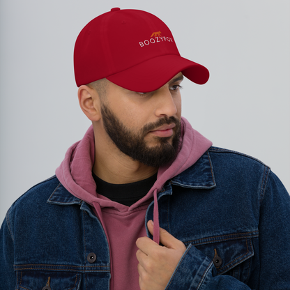 Man Wearing a Cool Cranberry Red Dad Hat featuring an embroidered Boozy Fox logo on front. Shop Cool Dad Hats & Dad Caps Online - Boozy Fox