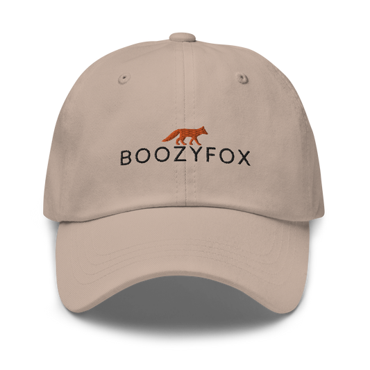 Cool Stone Colored Dad Hat featuring an embroidered Boozy Fox logo on front. Shop Cool Dad Hats & Dad Caps Online - Boozy Fox