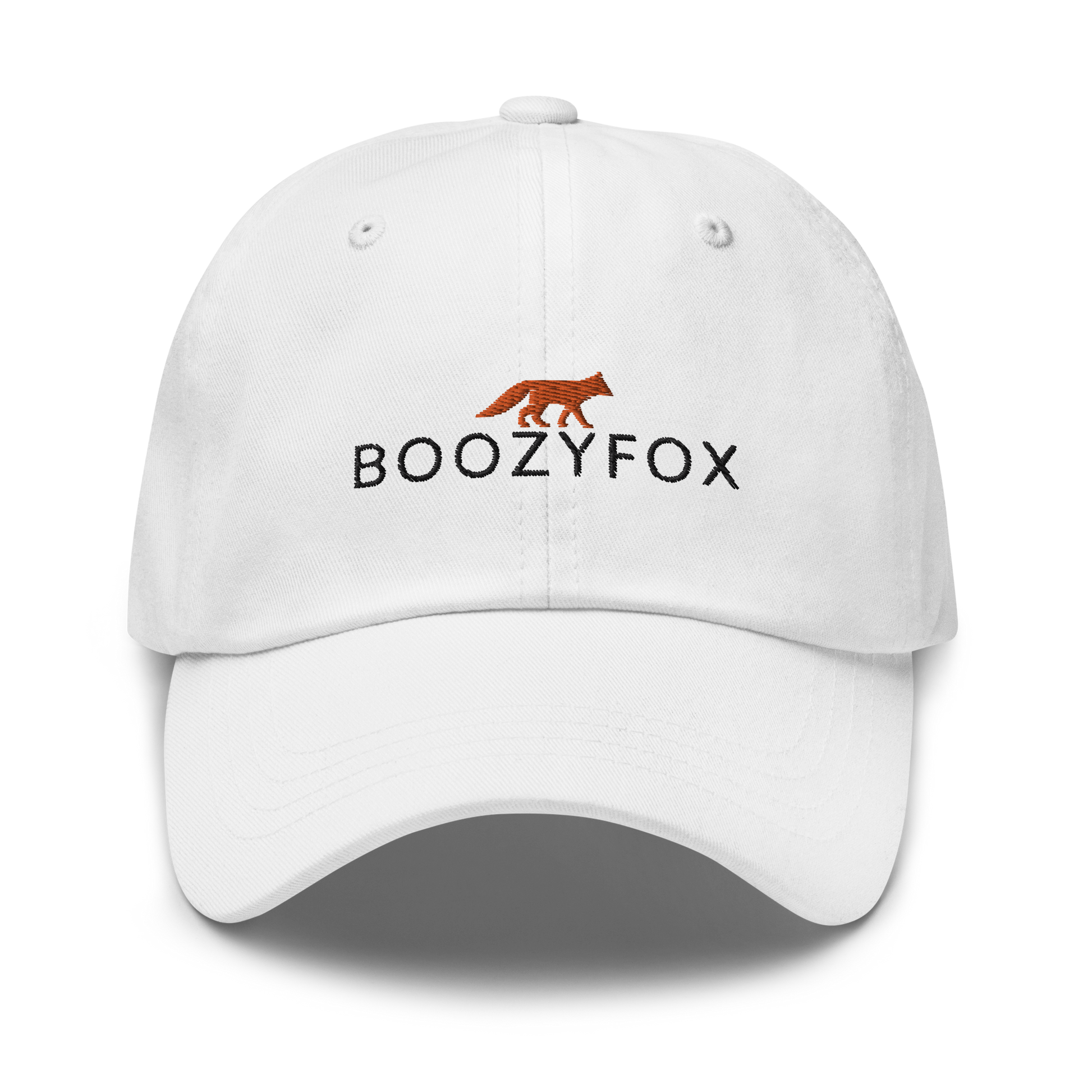 Cool White Dad Hat featuring an embroidered Boozy Fox logo on front. Shop Cool Dad Hats & Dad Caps Online - Boozy Fox